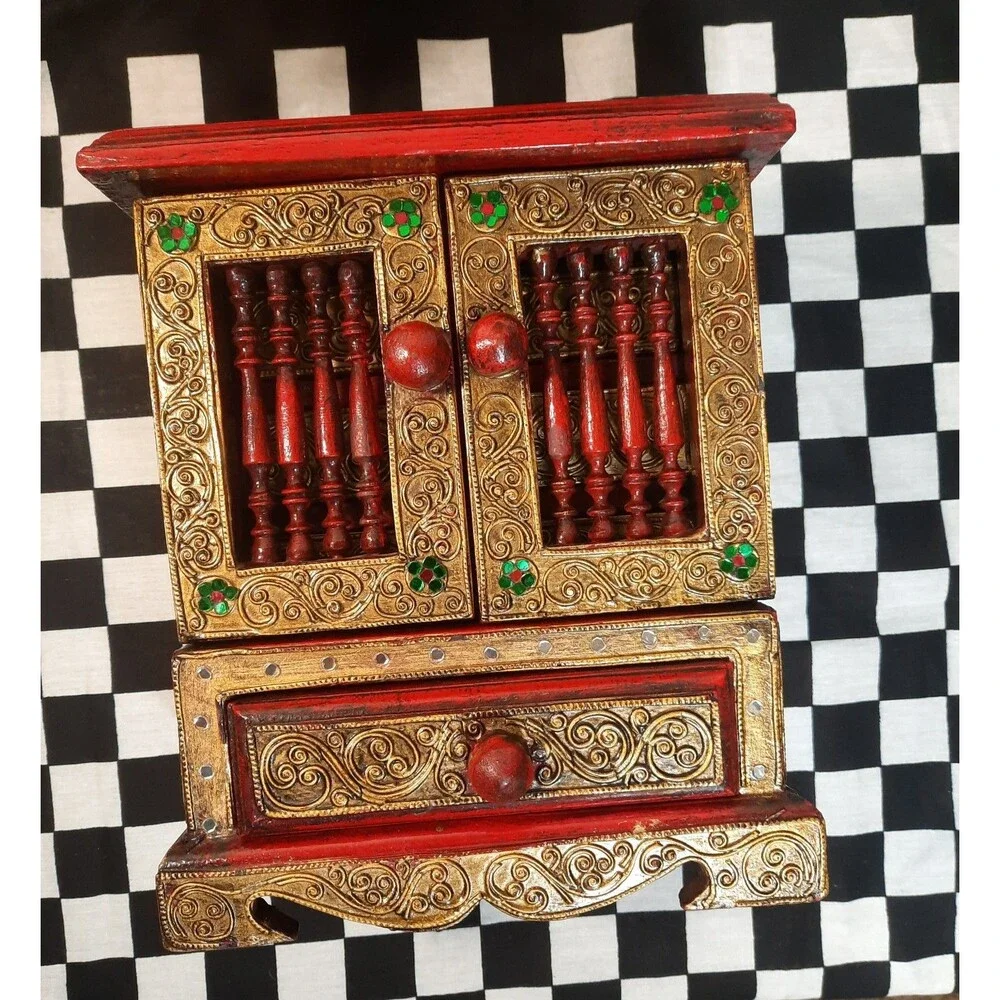 Vintage Handcrafted Thai Lanna Wooden Jewelry Box Armoire